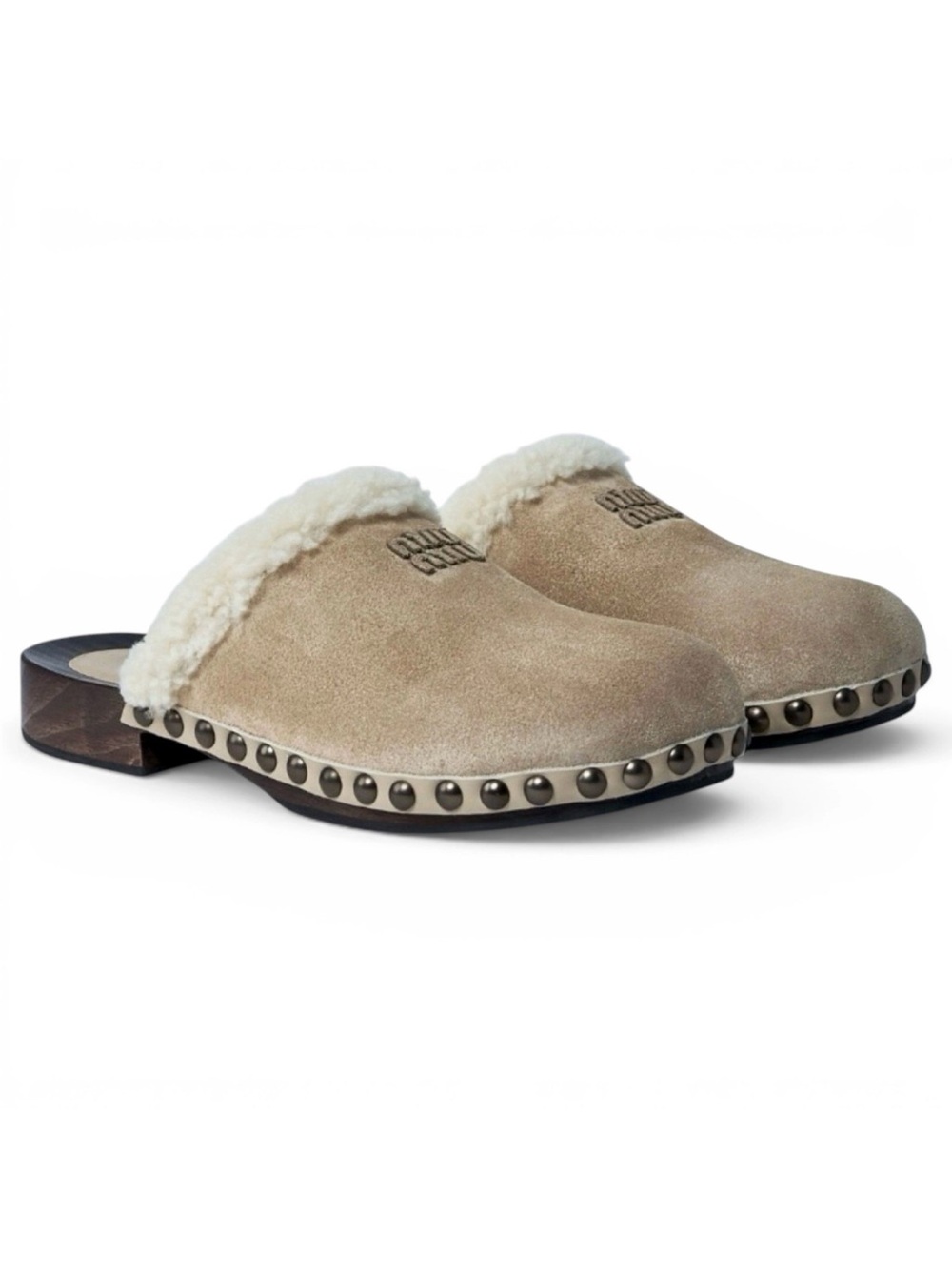 MIU MIU Zoccoli logo suede leather shearling trimmed clogs